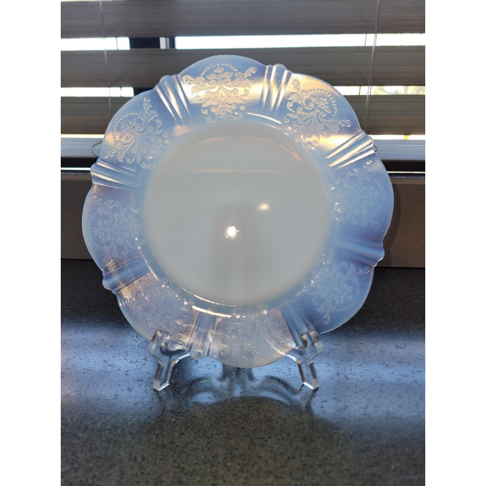 Vintage KIG Blue Milk Glass Plate Scalloped Floral Rim 8”